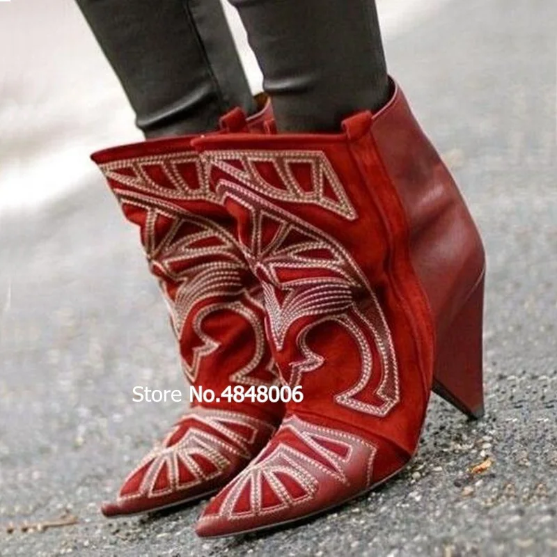 

2019 New Fashion Red Suede Ankle Boots Embroidered Sexy Spike Heels Slip On Short Booties Pointed Toe Runway Woman Shoes