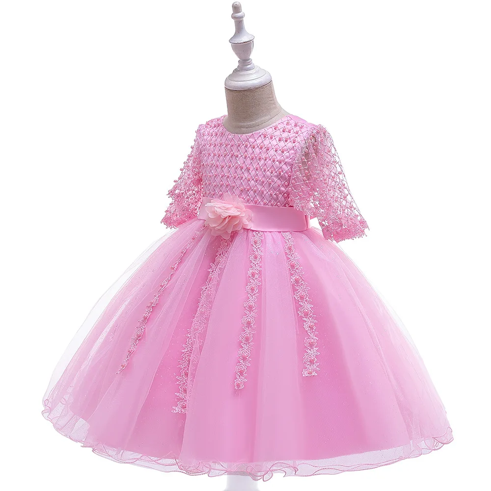 New Style 2019 Ballgown Pink Half Sleeves Lace First Communion Gowns For Evening Girls Birthday Party Dresses with Pearl