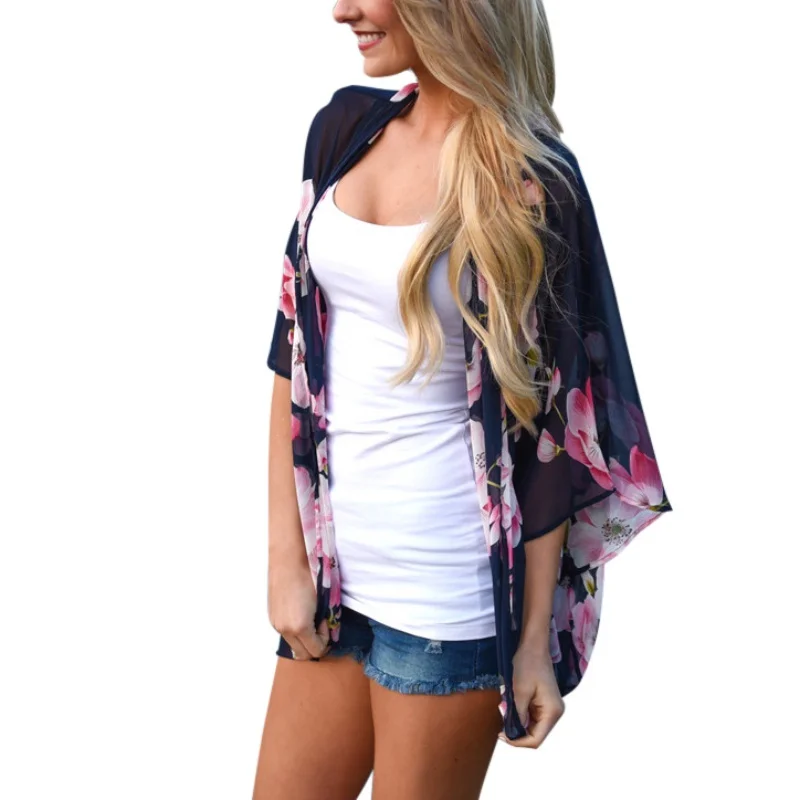 2018 Women Fashion Summer Blouse See Through Ladies Vintage Floral Print Chiffon Kimono Cardigan Casual Beach Shawl