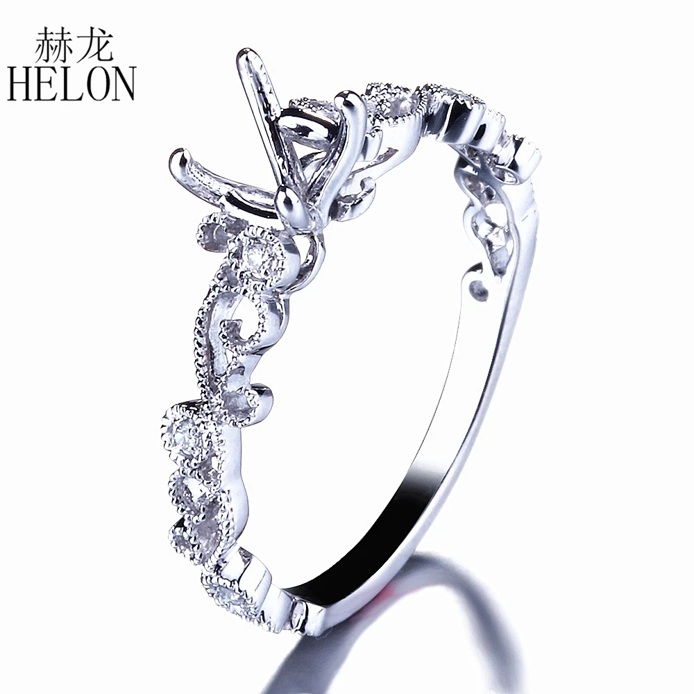 

HELON Round Cut 5-6mm Semi Mount Engagement Wedding Pave Natural Diamonds Ring Solid 14K White Gold 4 Prongs Settings Cut