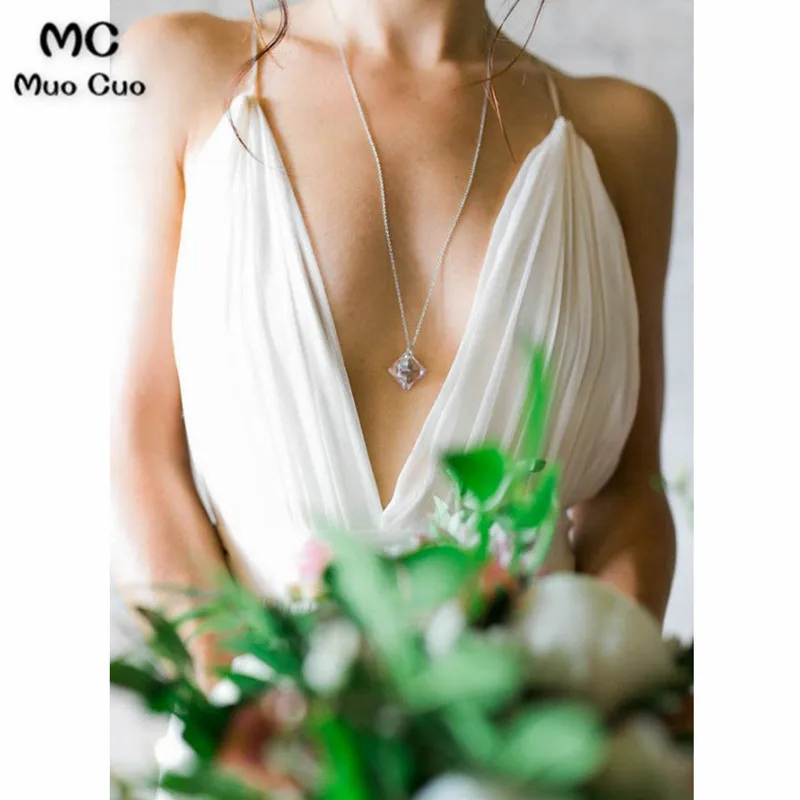 A-line Deep-V Sweep Train Chiffon Simple Wedding Dresses44_