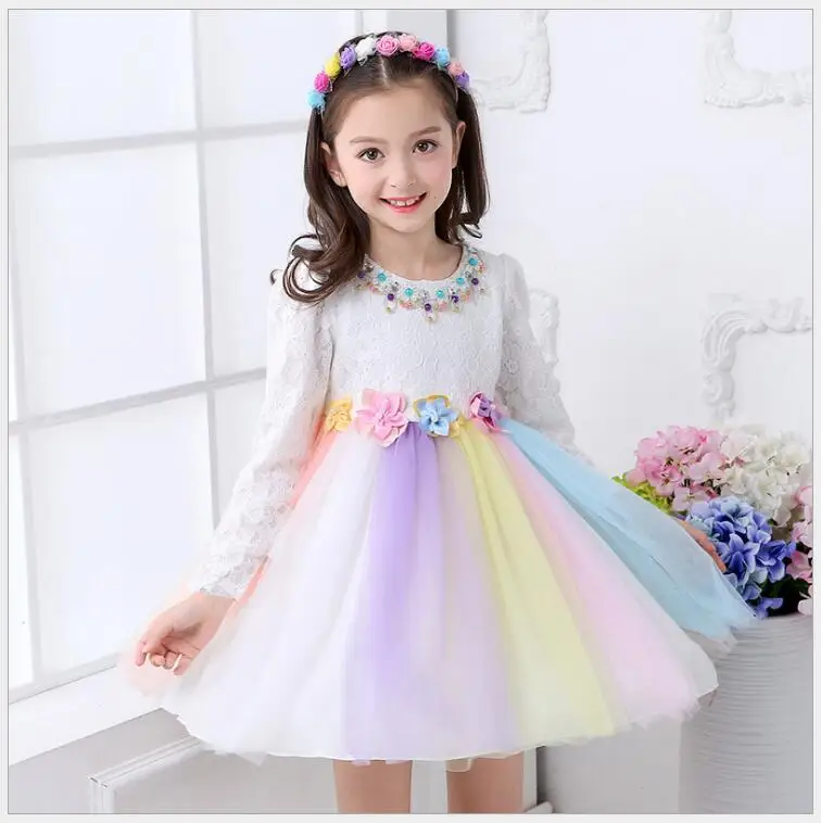 Платье принцессы из тюля радужных цветов элегантное праздничное платье для маленьких девочек на день рождения милый праздничный сарафан с цветочным узором для девочек - Цвет: long sleeve