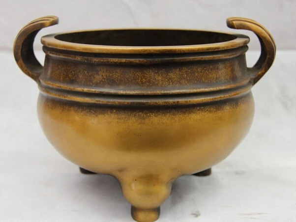 

S1334 China Folk Fane Pure Bronze Copper Two Ear Three Feet Ding Incense Burner Censer D0318