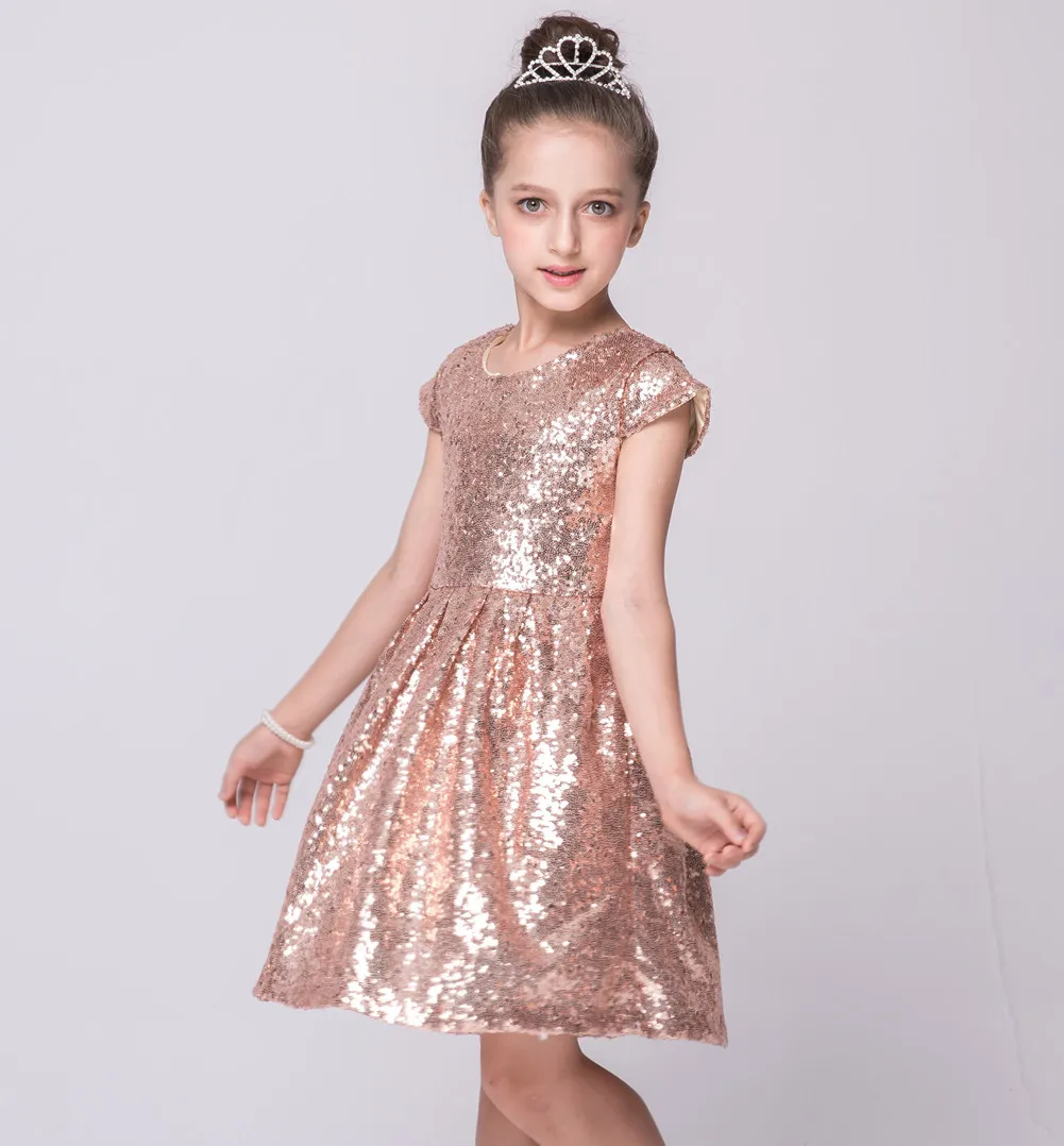 Online SISRERS 2018 INS moda niñas vestido lentejuelas Vestido de manga corta vestido de fiesta brillante princesa Boutique ropa oro rosa rojo