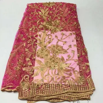 

5 Yards/pc Top sale gold embroidery french fuchsia net lace and stones beads african mesh lace fabric for dress BN85-7