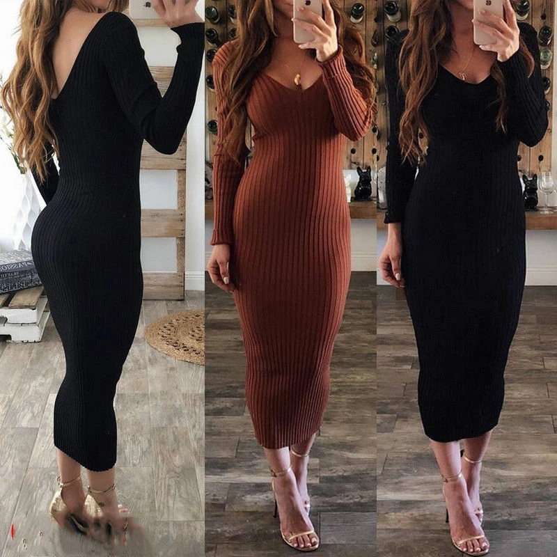 

NEW Women Autumn Winter V Neck Long Sleeve Knitted Solid Color Backless Bodycon Sweater Knitwear Jumper Slim Lady Midi Dress