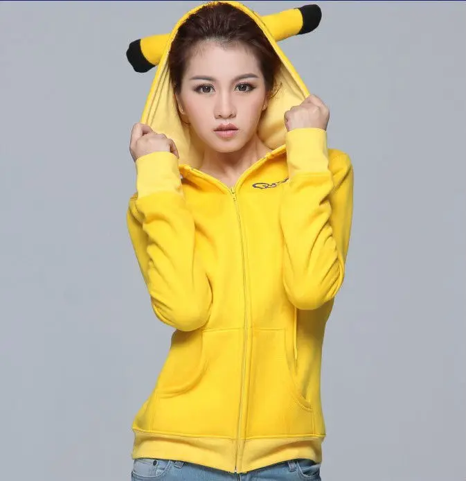 

2017 Fashion Women Jacket Yellow Solid Pokemon Pikachu Printed Costume Tail Zip Totoro Hoodie Sweatshirt Sudaderas Mujer