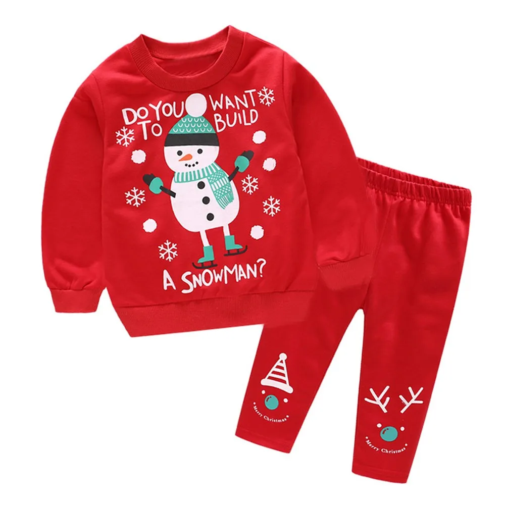 Комплект детской одежды для маленьких мальчиков и девочек, Санта-Клаус, Рождественская футболка с изображением снеговика и оленя+ штаны, комплект одежды, детские топы, рубашки