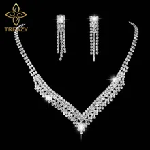 TREAZY V образный кристалл невесты Ювелирные наборы серебряный цвет стразы колье ожерелье наборы свадебные ювелирные изделия для женщин