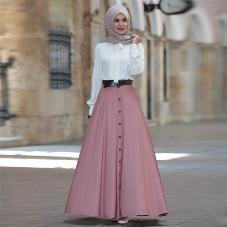 WEPBEL Arab Dubai Fashion Muslim Women Long Skirt High Waist Button Pure Color Big Pendulum Plus Size Elegant S-5XL