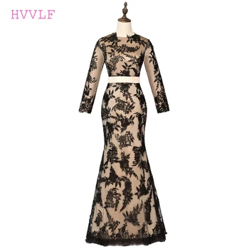 

Black Muslim Evening Dresses 2019 Mermaid Long Sleeves Appliques Lace Islamic Dubai Kaftan Saudi Arabic Long Evening Gown