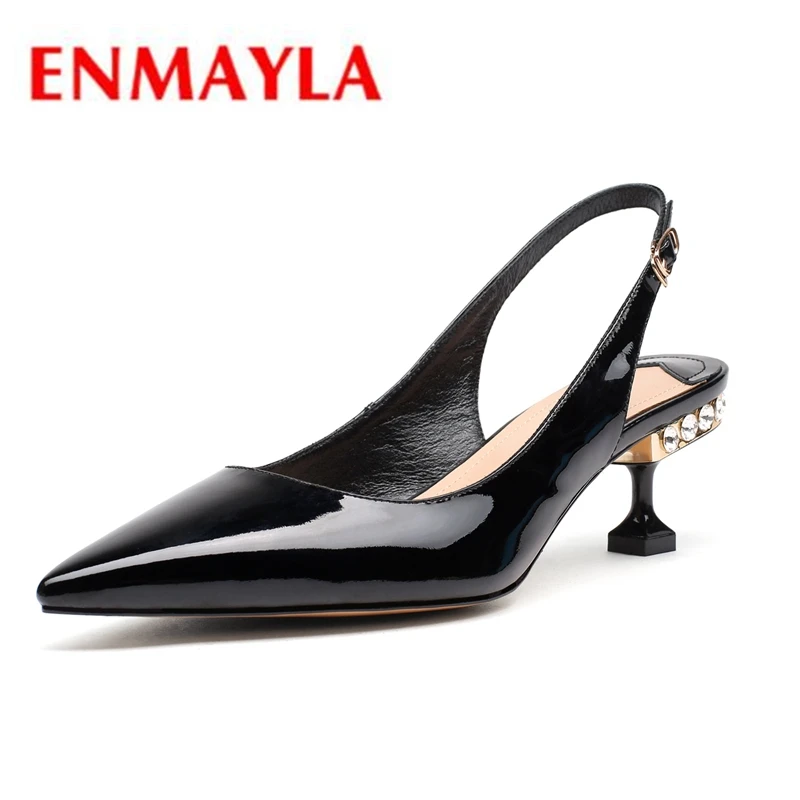 

ENMAYLA Genuine leather Sandals Ankle strap Square heel shoes 2018 Summer New square toe Sandlas ladies black office shoes CR354