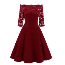 Afrodite Em Casa Mulheres de Outono Vestido de Renda Fora Do Ombro Vestidos de Balanço Do Vintage Elegante Sólidos Midi Vestido de Festa Vermelho Vestidos Mujer