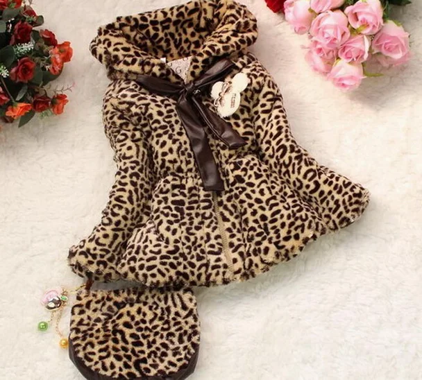 

2-12year Girls Leopard faux fox fur collar coat clothing Autumn Winter Clothes baby Children outerwear dress jacket with handbag