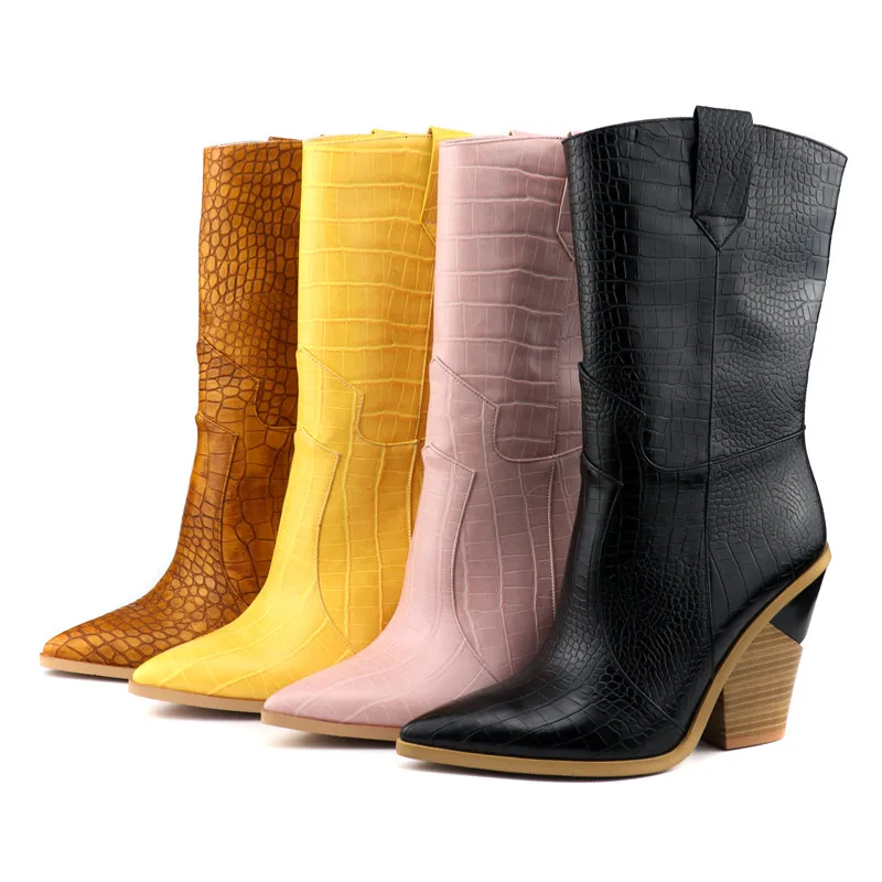 MORAZORA/Прямая поставка; Брендовые женские ботинки; модные ботинки до середины икры на танкетке с острым носком; ковбойские ботинки из микрофибры; сезон осень-зима