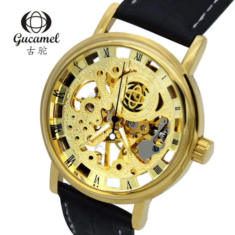 GUCAMEL Лидирующий бренд Простой стиль Мужские часы пояса из натуральной кожи Роскошные Полые механические мужской наручные водонепроница