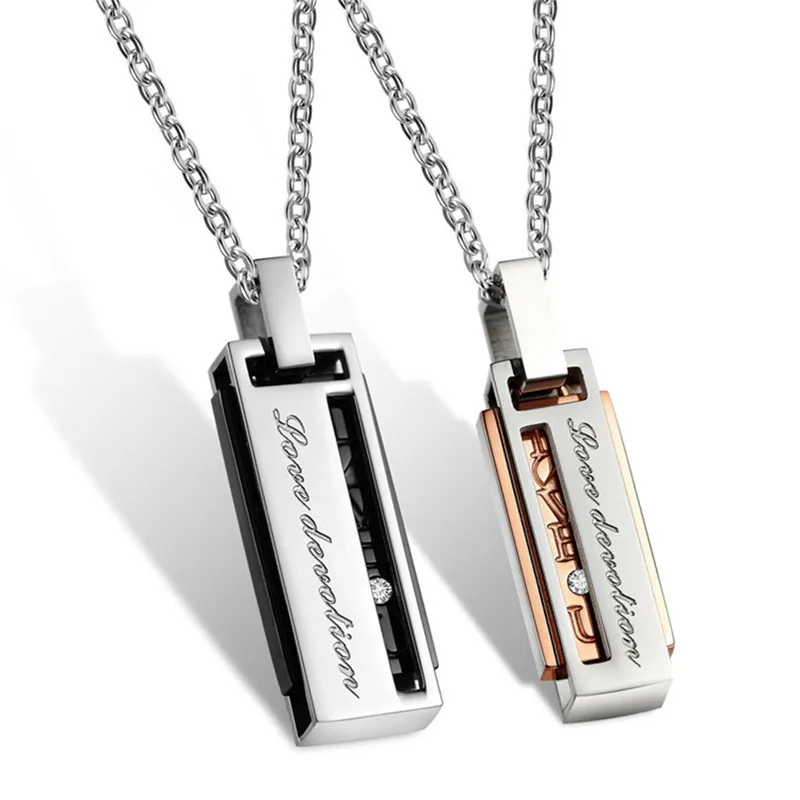 

Love Devotion Couples Necklace with Rectangle Titanium Stainless Steel Pendant His & Hers Matching Lovers jewelry Gift
