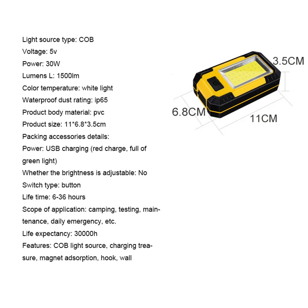 30 Вт COB светодиодный перезаряжаемый рабочий светильник, аварийный фонарь, ручной фонарь для кемпинга, палатки, фонарь, зарядка через usb, портативный поисковый светильник