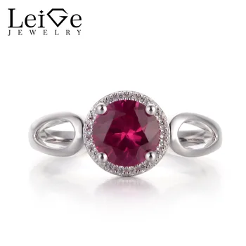 

Leige Jewelry Lab Ruby Red Color Gemstone July Birthstone Round Cut Prong Setting Engagement Halo Ring 925 Sterling Silver