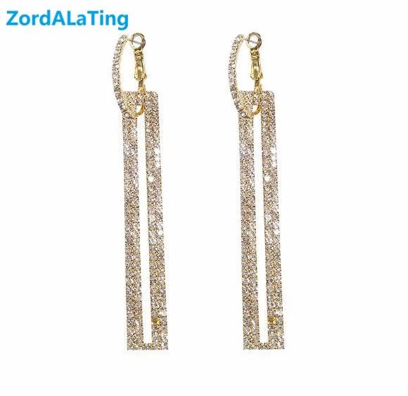 

S925 silver needle 2019 new fashion exaggeration set full rhinestone rectangular long earrings for women glisten pendientes