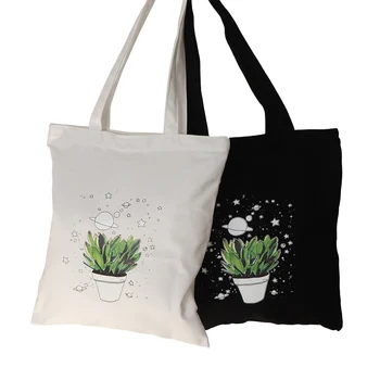 

White&Black Casual Plant Pot Printed Canvas Bag Shopping Shoulder Bag Fordable Handbag Reusable Tote Bag For Women School Travel
