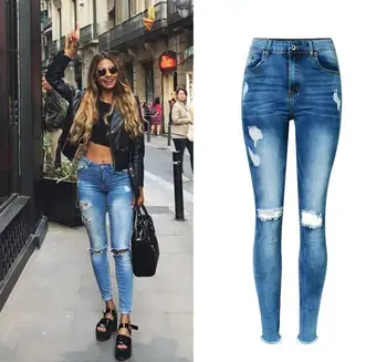 

Jeans woman Of 2017 New bottom tassel fringe Female Pencil Pants High Waist Hole Ripped Women Jeans Femme Ladies Stretch Pants