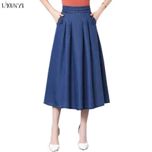 LXUNYI, весенние женские джинсовые юбки миди, плиссированные юбки, женские юбки с эластичной резинкой на талии, модная Повседневная Длинная джинсовая юбка с карманами, большой размер