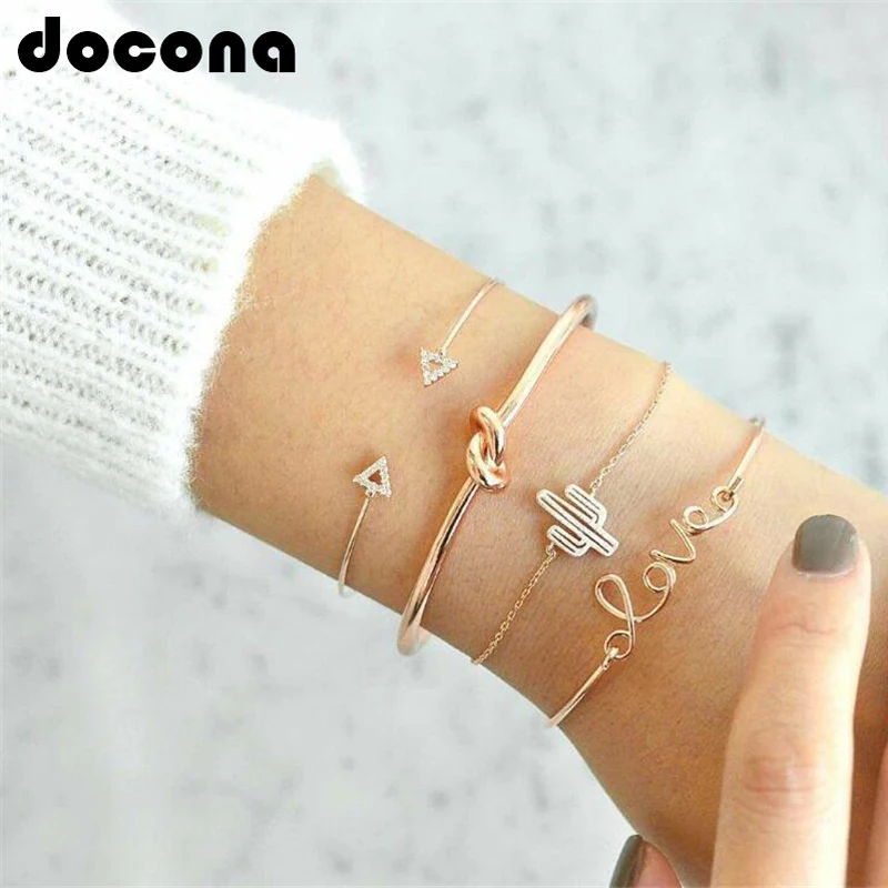 

docona 4pcs/1set Gold Color Cactus Letter Knot Bracelet Bohemian Geometric Metal Chain Bracelet Statement Jewelry 6116
