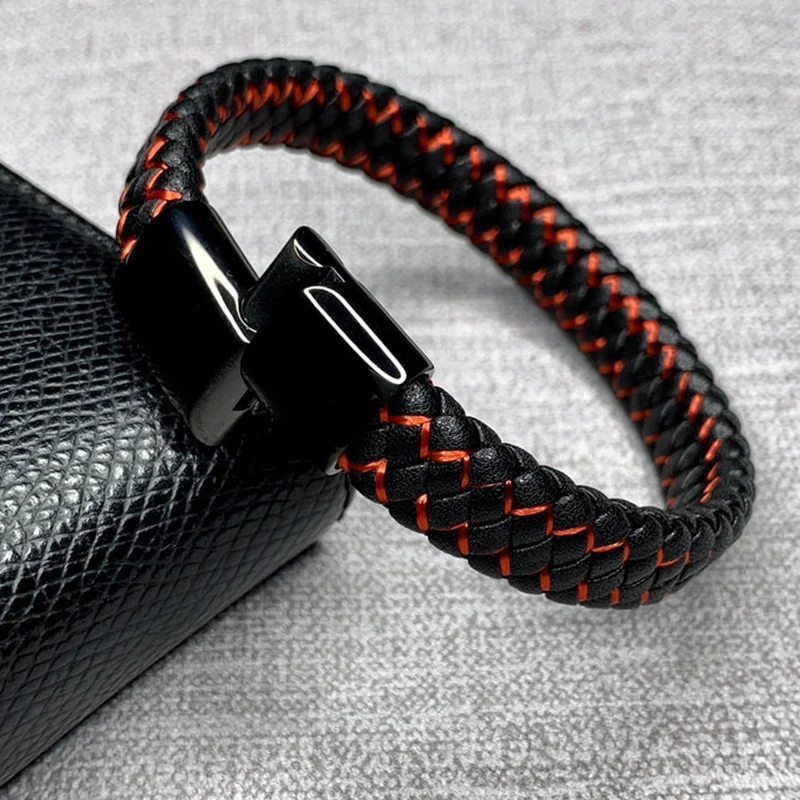 

Braided Black Red Leather Bracelets Men Stainless Steel Magnetic Buckle Charm Bracelets Bangles Fashion Male Wrist Band Gifts