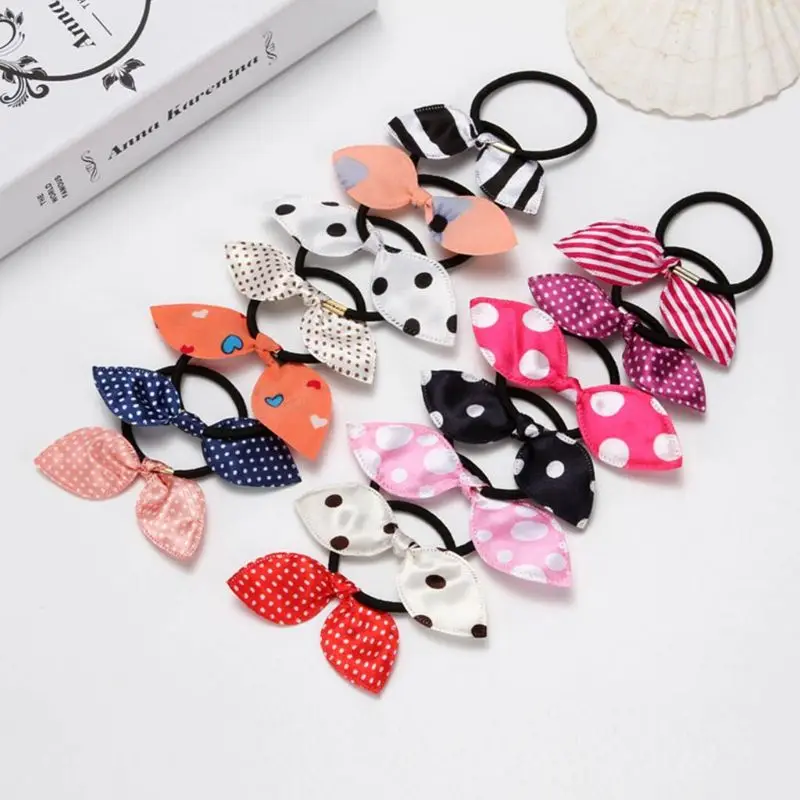 

Women Girl Cute Long Rabbit Ears Bowknot Elastic Hair Rope Polka Dot Stripe Heart Cloth Rubber Band Metal Buckle Ponytail Holder
