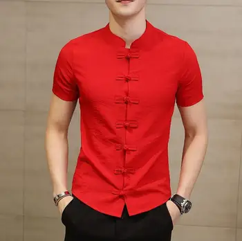 

M-6XL 7XL Cotton Linen Mens Shirts Unique Button design Leisure Blouse Men Chinese style Short sleeve Shirt Beach style Summer