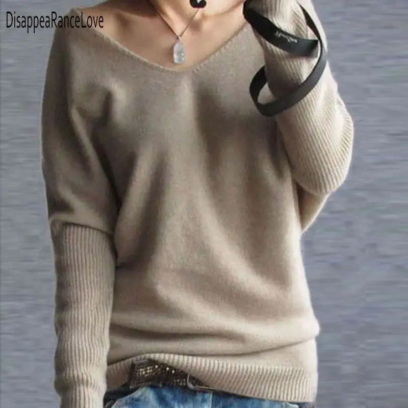 2019 Spring autumn cashmere sweaters women fashion sexy v-neck sweater loose 100% wool sweater batwing sleeve plus size pullover 2019 Spring autumn cashmere sweaters women fashion sexy v-neck sweater loose 100% wool sweater batwing sleeve plus size pullover