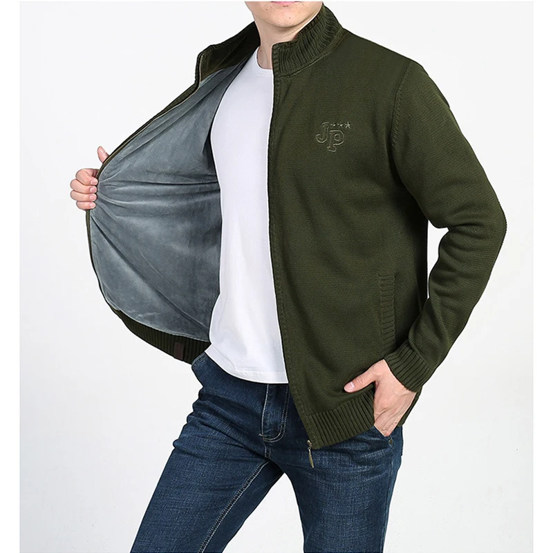 New Plus Velvet Winter Sweater Men Brand AFS JEEP Solid Cardigan Zipper Mens Sweaters Keep Warm Stand Collar cardigan masculino