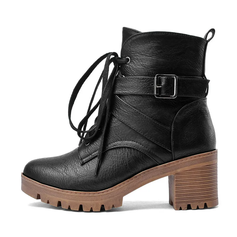 Qutaa/обувь женские зимние ботильоны на высоком каблуке женские ботинки в английском стиле из искусственной кожи обувь на платформе с круглым носком размеры 34-43