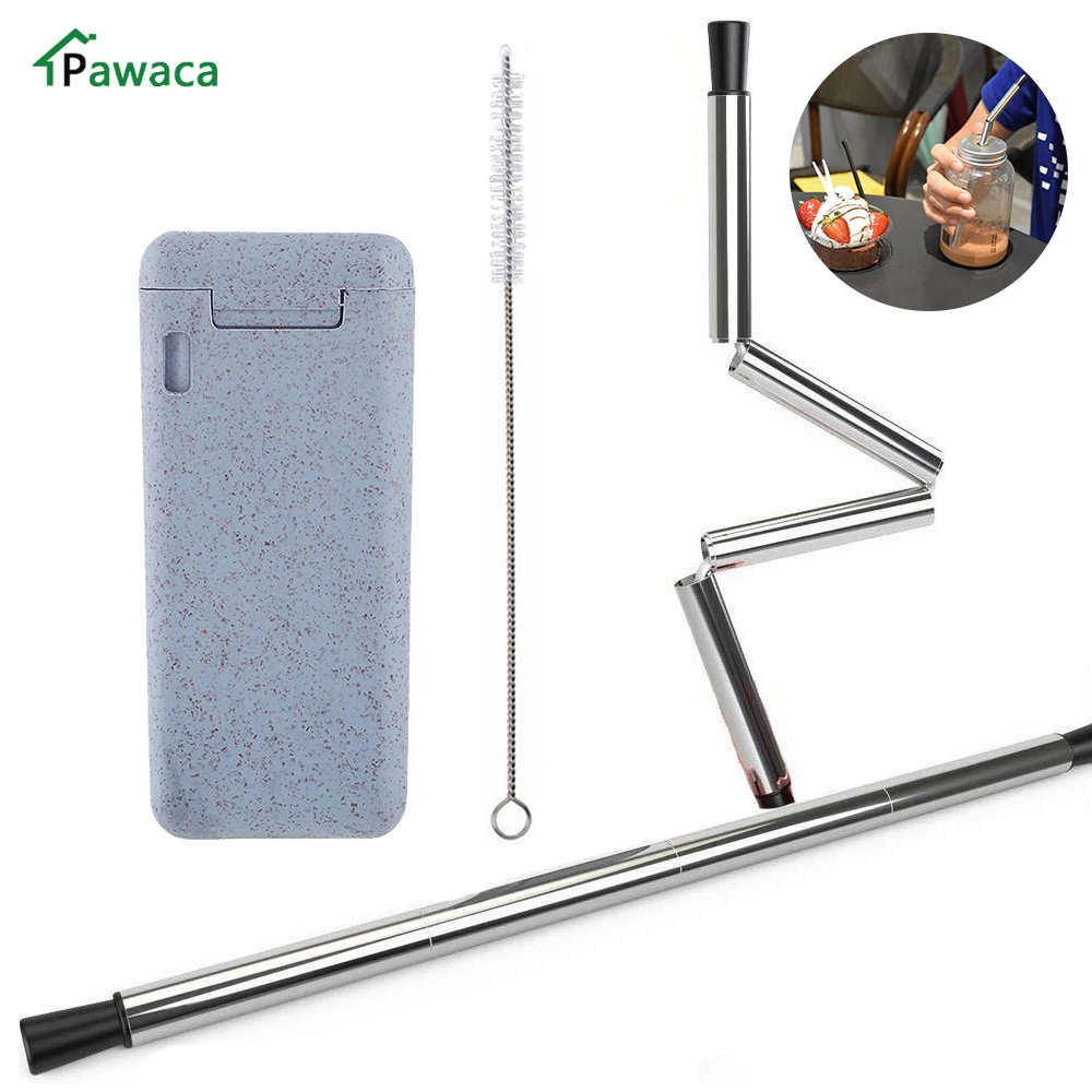 

Reusable Drinking Straw Stainless Steel Metal Folding Drinking Straw Portable Collapsible Straw with Cleaner Brush for Hiking