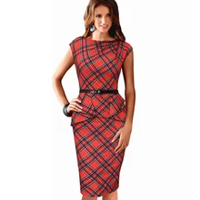 Dropshipping 2016 New Women Vintage Elegant Plaid Belted Tartan Peplum Ruched Tunic Work Party Cap Sleeve Bodycon Sheath Dress