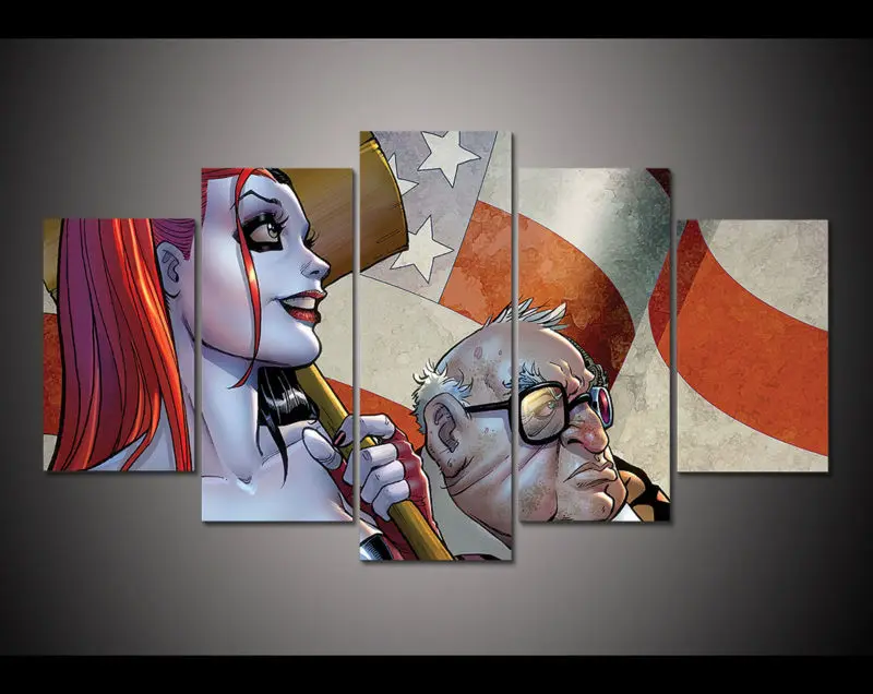 Free shipping 5 panel large HD printed painting Harley Quinn Comic
