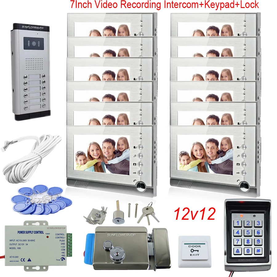 Video Recording Video Door Phone Access Control Keypad Door Bell For Apartment 12 Units Intercom With Screen Memory Color 7\ Video Recording Video Door Phone Access Control Keypad Door Bell For Apartment 12 Units Intercom With Screen Memory Color 7\