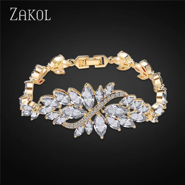 ZAKOL, классические браслеты в виде листьев маркизы с кубическим цирконием, разноцветные браслеты с кристаллами для женщин, модные свадебные украшения с цветами, FSBP007 - Окраска металла: Gold Color