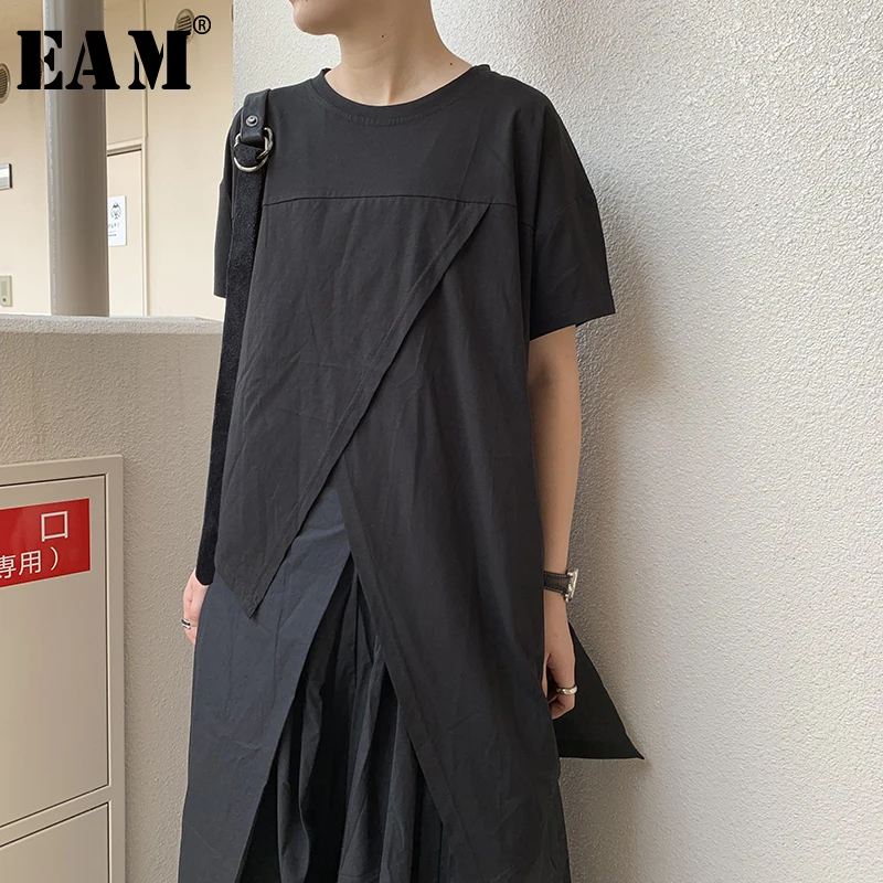 

[EAM] 2019 New Spring Summer Round Neck Short Sleeve Black Irregular Hem Split Joint Loose T-shirt Women Fashion Tide JX083