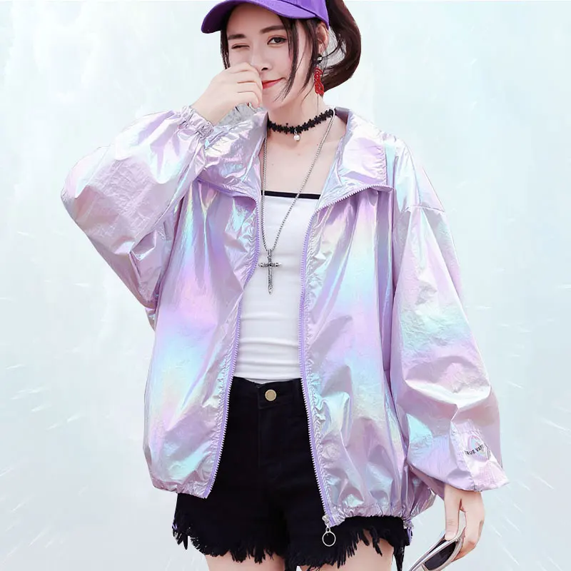 

Summer Thin Jacket Women 2019 Fashion Laser Glossy Sunscreen Jacket Loose Plus size Harajuku Outwear Female Beach Anti-UV Coat 4