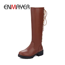 ENMAYER/ г. Новые модные женские сапоги до колена на шнуровке на квадратном каблуке женские ботинки с перекрестной шнуровкой сзади Большой размер 34-43, ZYL 325