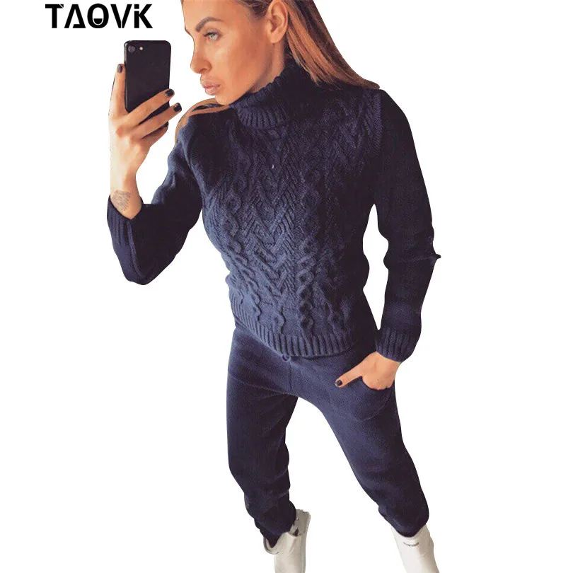 TAOVK Woman Suits Wool Warm Knitted Sets Turtleneck Twist Sweater+pant two piece Set Female Winter suit woman's Sport Costumes 