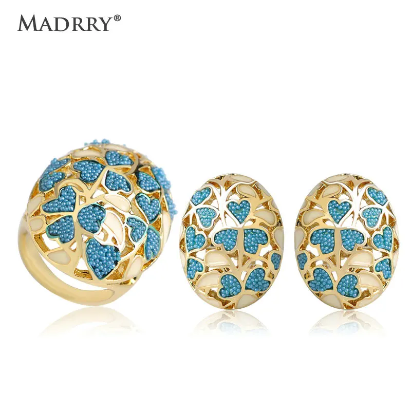 

Madrry Blue Color Simulated Pearls Earrings&Ring Sets for Women Accessories Enamel Heart Shape Gold Color Metal Exquisite Hollow