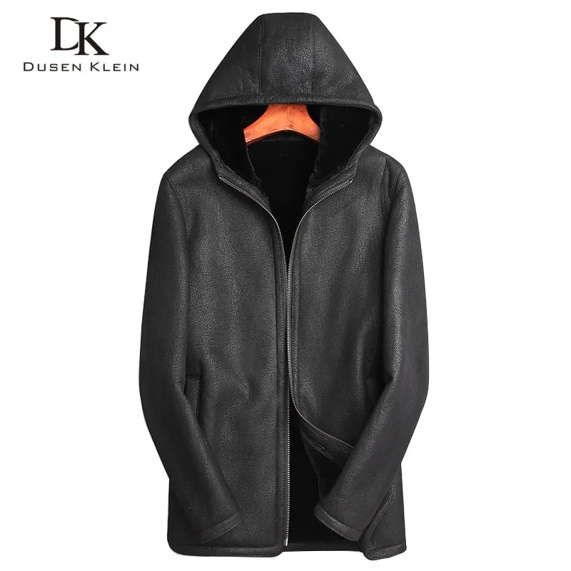 Mens black winter coats with hood shearling jacket men Dusen Klein Genuine sheepskin wool liner men Luxury leather coats 71E1727