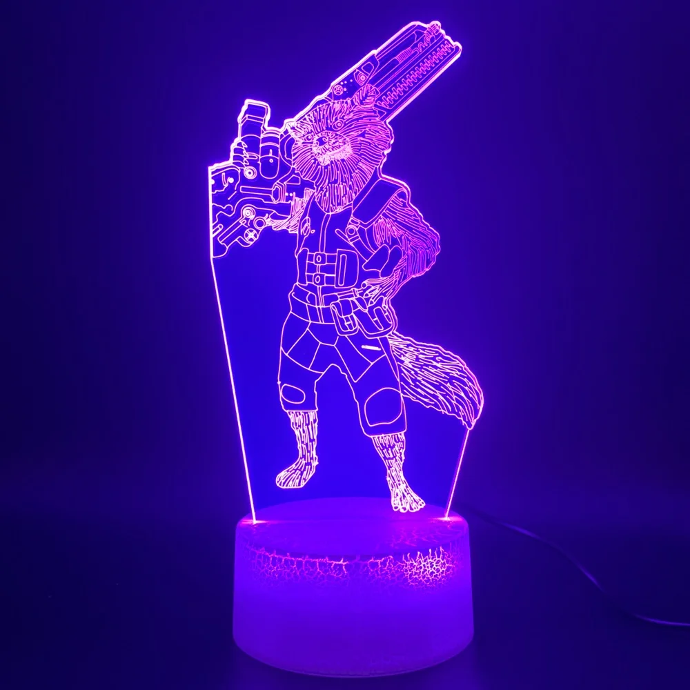 3d Led Night Light Лампа Marvel Superhero Ракета Енот Рисунок Home Decor Яркая База Подарок На