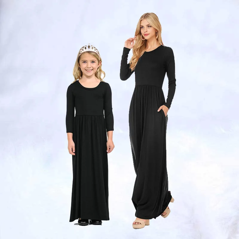 

2019 Mother Daughter Dresses Long Girls Dress Solid Color Family Matching Clothes Mom and Daughter Dress for Outfits