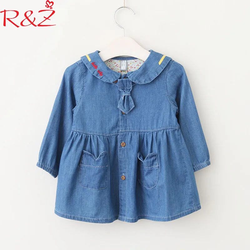 

R&Z Girls Clothing 2018 New Spring Denim Doll Collar Folds Embroidered Navy Style Longsleeve for Kids Children's Clothing k1