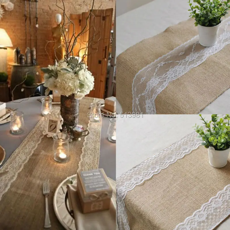 5pcs/lot,30x275cm Burlap Lace Hessian Table Runner Jute Country Outdoor