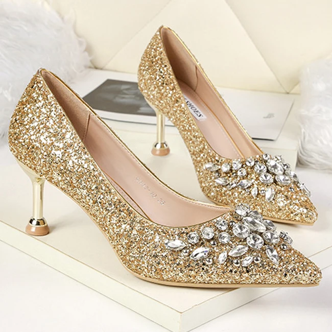 

Boussac Sequined Cloth Rhinestone High Heels Women Sexy Pointed Toe Women Pumps Ladies Shoes Strange Heel Wedding Shoes SWB0156